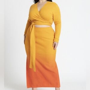 Eloquii Yellow/Orange Ombré Cropped Tie Sweater & Knitted Maxi Skirt Size 14